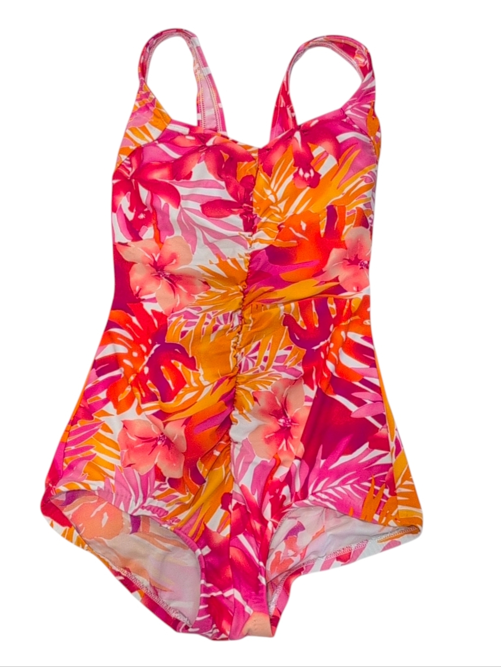 Maxine Of Hollywood  Red Hawaiian Floral Ruched One Piece Swimsuit, 10